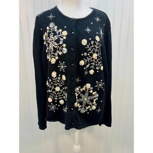 Christmas 2004 Black Snowflake Beaded‎ Sequin CardiganSz M Heirloom Collectibles